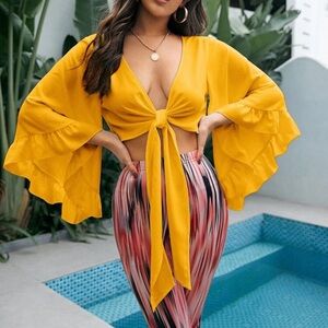Yellow Tie-Front Blouse with Flared Sleeves